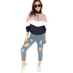 Color Block High Neck Buttons Sweatshirt